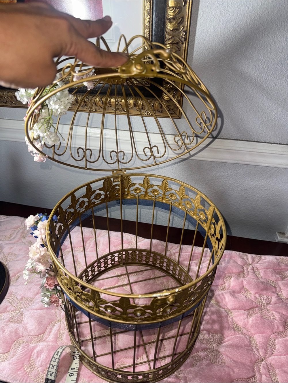 Ornate Gold Decorative Birdcage with Blue Ribbon Accent - Picture 5 of 5